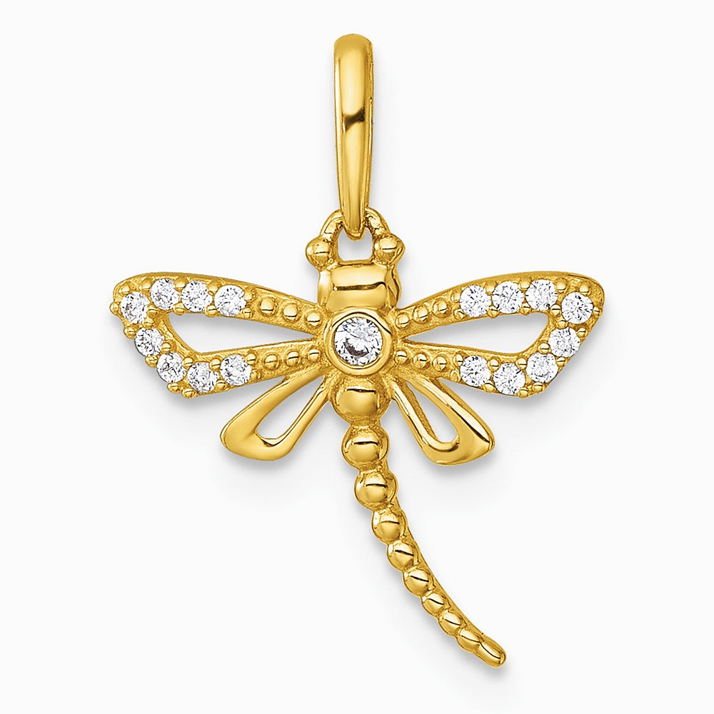 14K Yellow Gold Polished and Beaded CZ Dragonfly Pendant - Product Photo