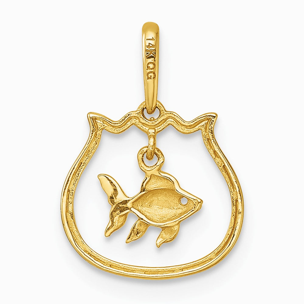 14K Yellow Gold Polished Fish Bowl with Dangling Fish Pendant - Product Photo