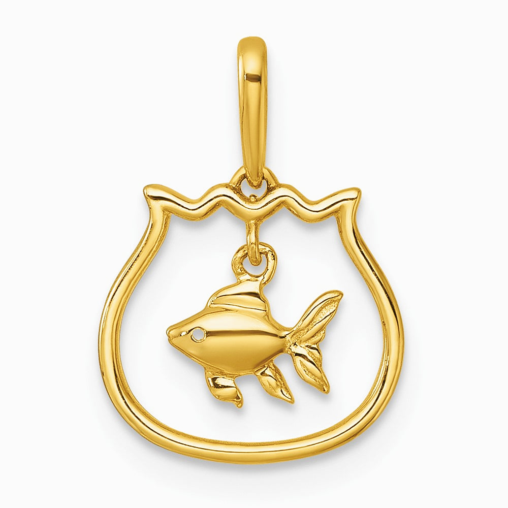 14K Yellow Gold Polished Fish Bowl with Dangling Fish Pendant - Product Photo