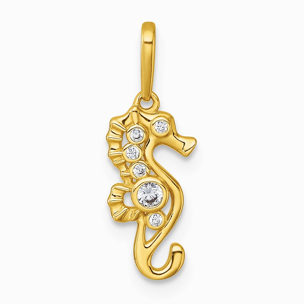 14K Yellow Gold Polished CZ Seahorse Pendant