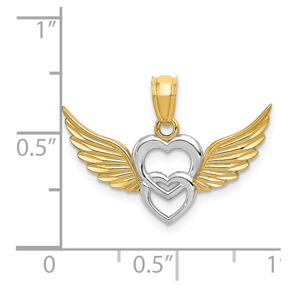 14K and White Rhodium Polished Hearts w/ Wings Pendant - Product Photo