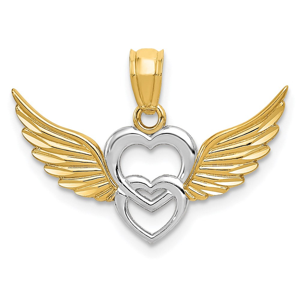 14K and White Rhodium Polished Hearts w/ Wings Pendant - Product Photo