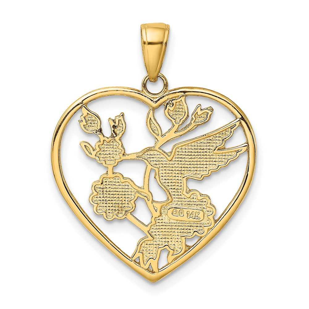 14k Enameled Hummingbird w/Flowers Heart Pendant - Product Photo