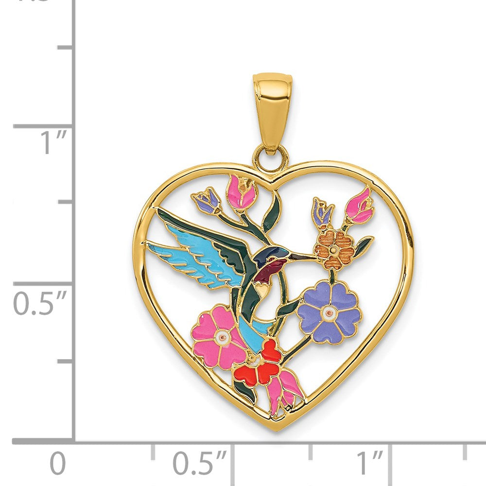 14k Enameled Hummingbird w/Flowers Heart Pendant - Product Photo