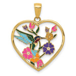 14k Enameled Hummingbird w/Flowers Heart Pendant - Product Photo
