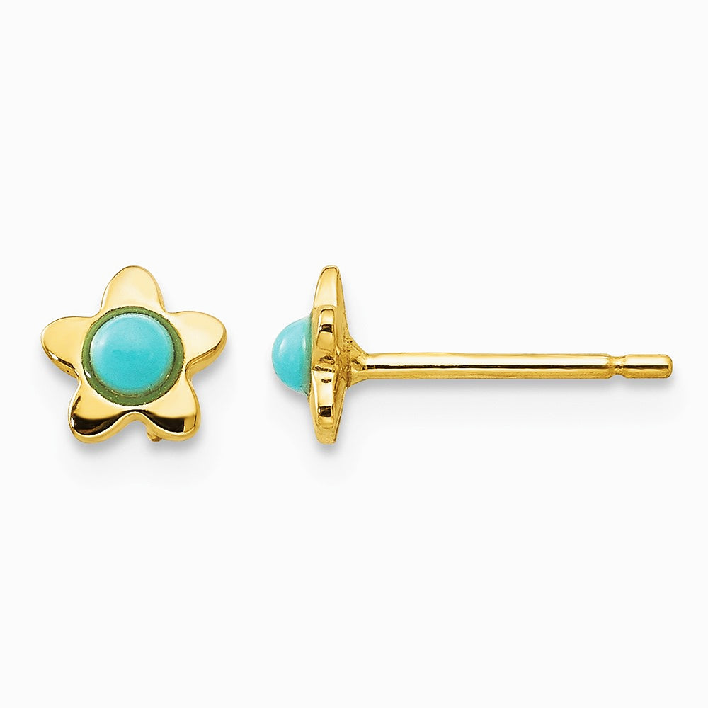 14K Yellow Gold Polished Turquoise Star Post Earrings - Product Photo