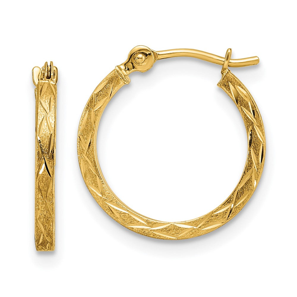 14K Yellow Gold Polished and Satin Diamond-cut Hoop Earrings - Product Photo