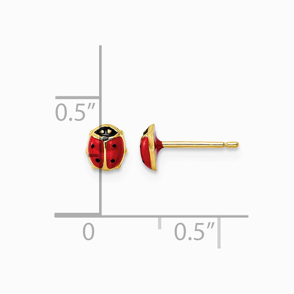 14K Yellow Gold Polished Enameled Small Ladybug Post Earrings - Product Photo
