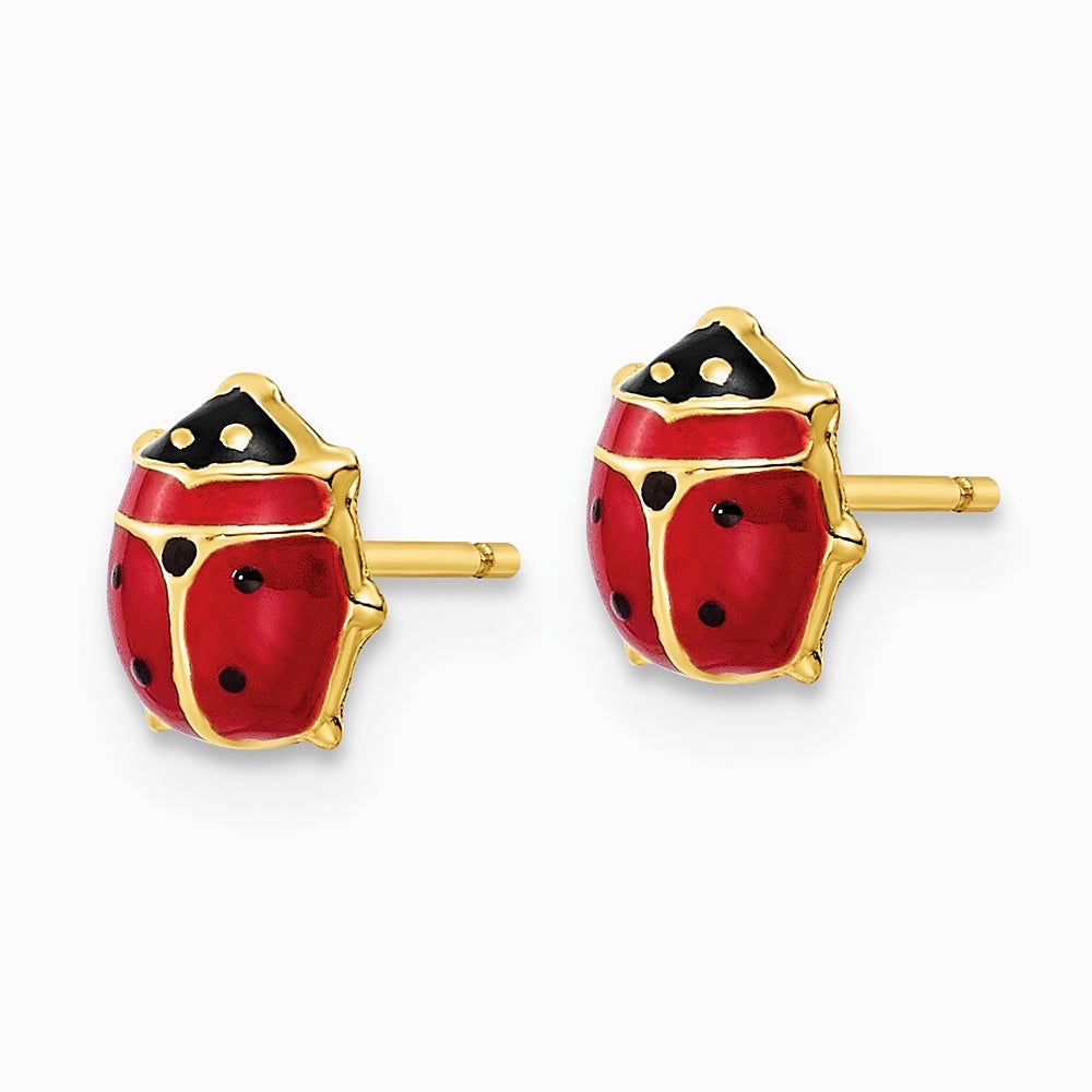 14K Yellow Gold Polished Enameled Medium Ladybug Post Earrings - Product Photo
