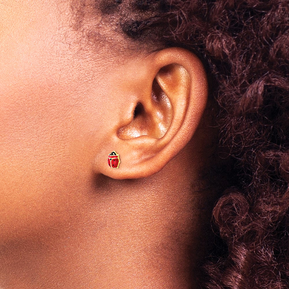 14K Yellow Gold Polished Enameled Medium Ladybug Post Earrings - Product Photo