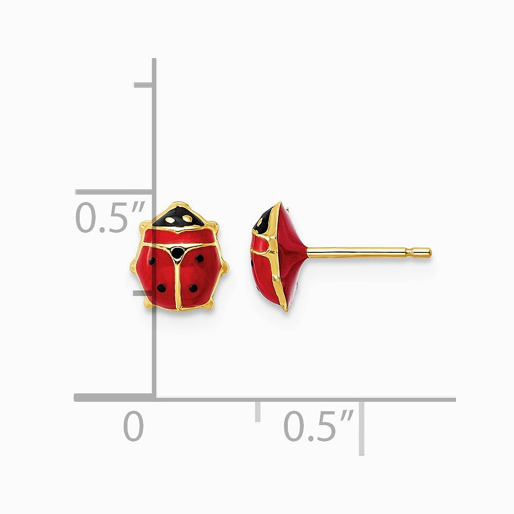 14K Yellow Gold Polished Enameled Medium Ladybug Post Earrings - Product Photo