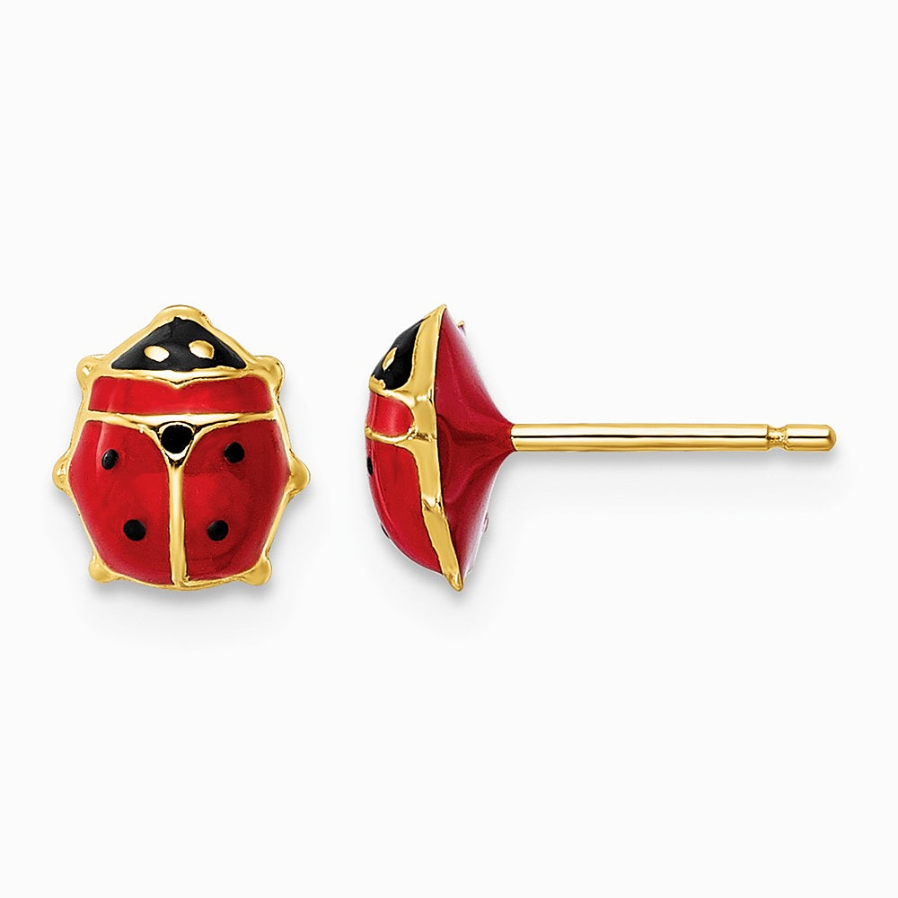 14K Yellow Gold Polished Enameled Medium Ladybug Post Earrings