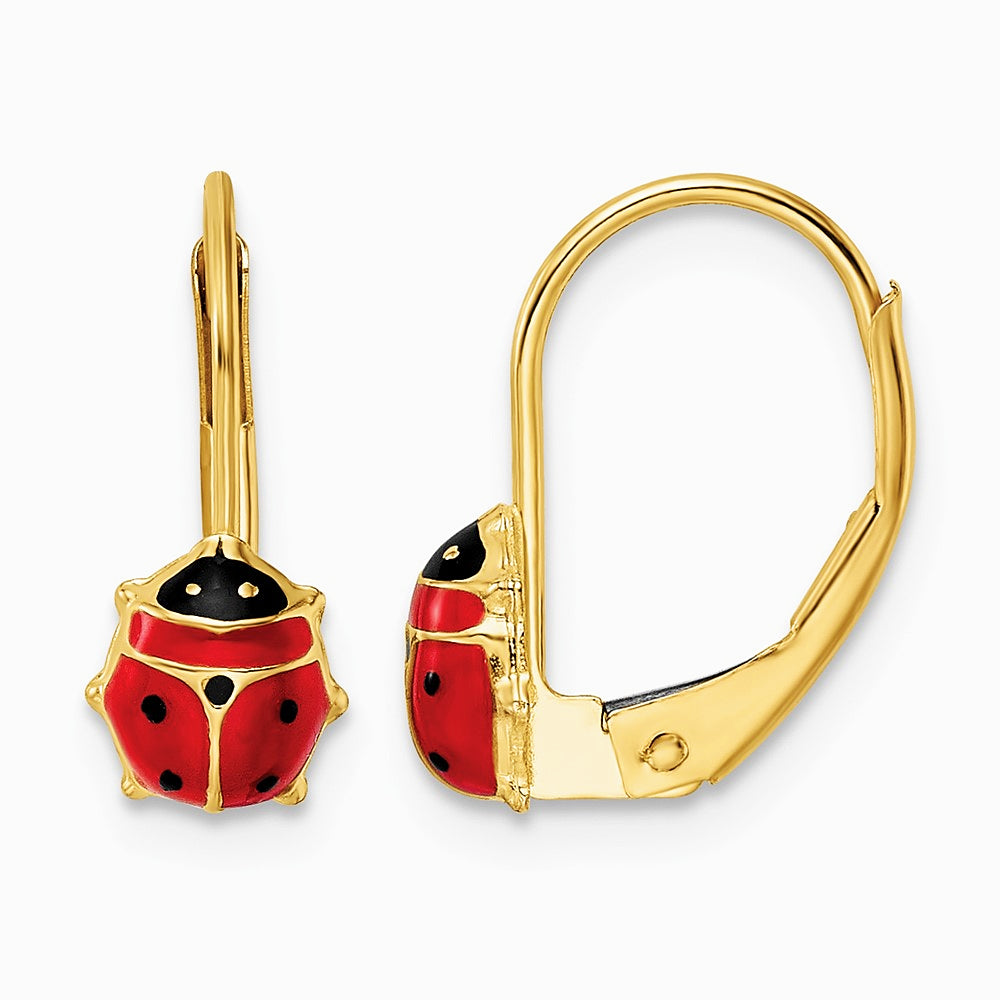 14K Yellow Gold Polished Enameled Ladybug Leverback Earrings