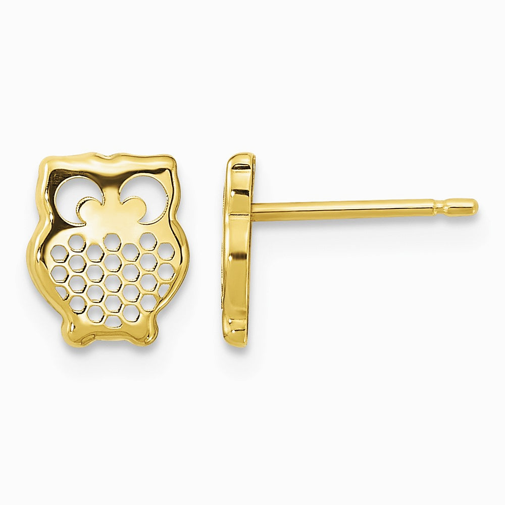 14K Yellow Gold Gold Textured Owl Post Earrings - Product Photo