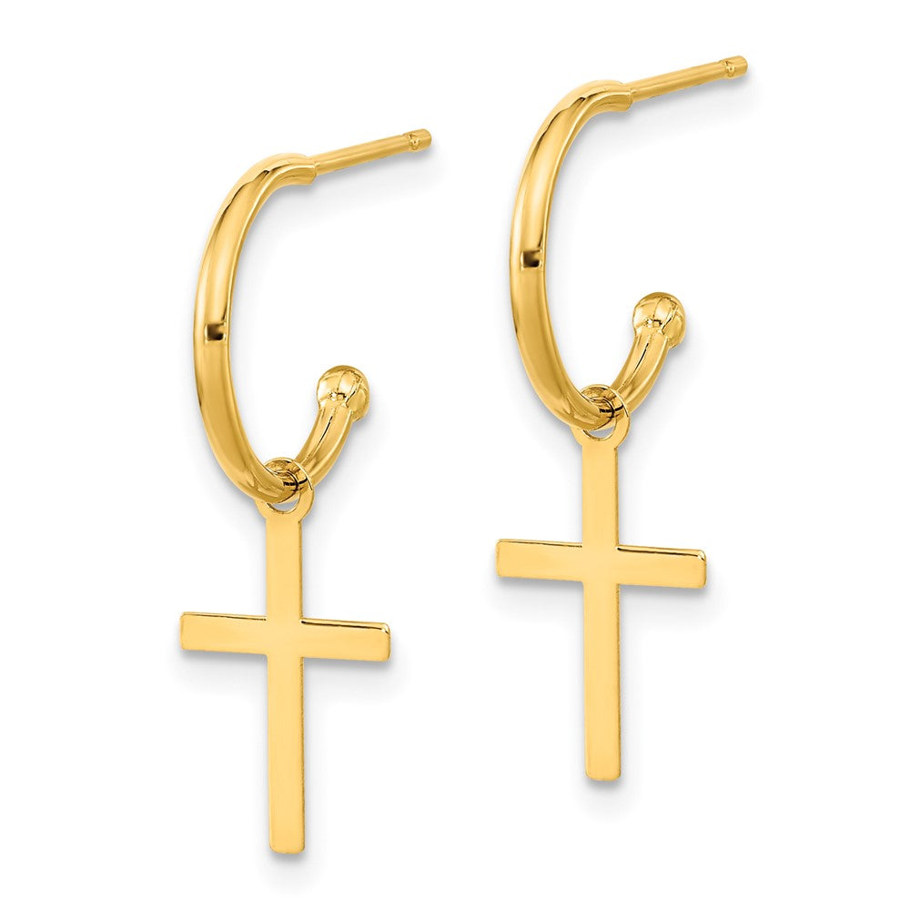 14K Yellow Gold Polished Cross Dangle Earrings - Product Photo