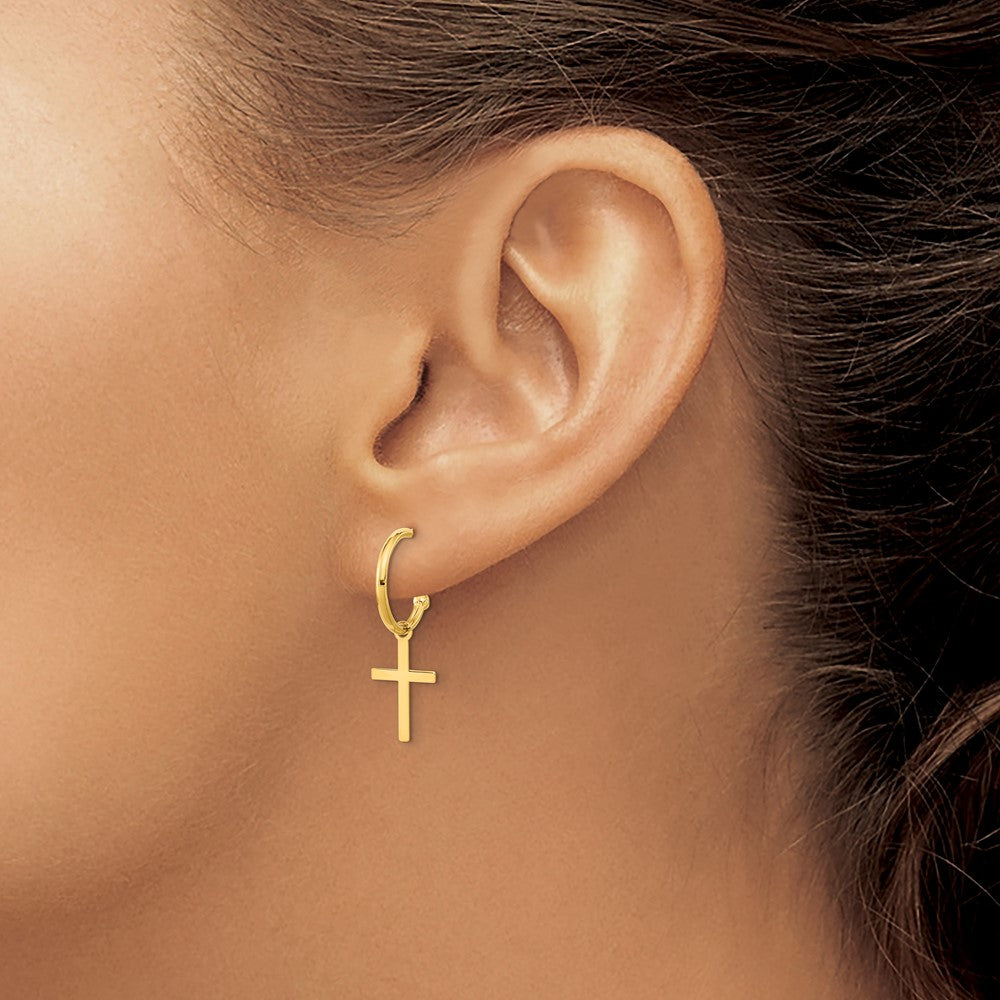 14K Yellow Gold Polished Cross Dangle Earrings - Product Photo