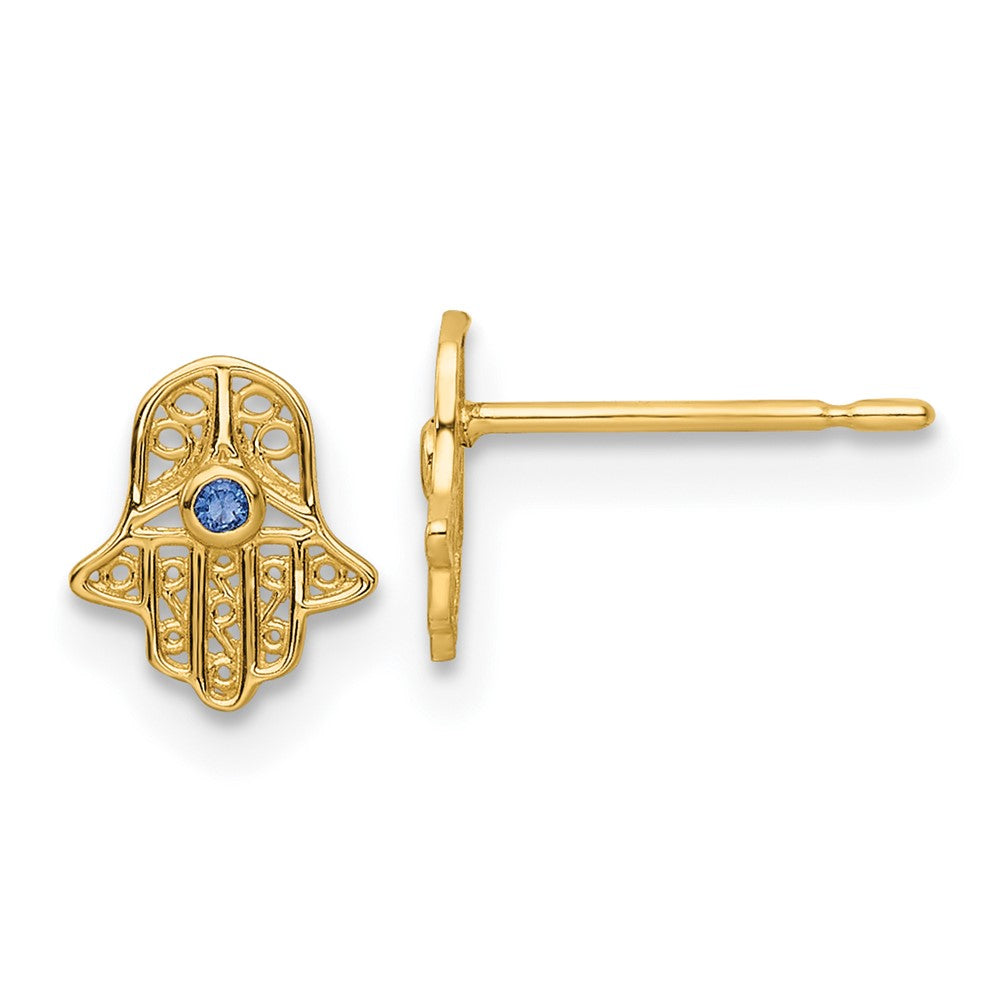 14k Blue Glass Stone Hamsa Post Earrings - Product Photo