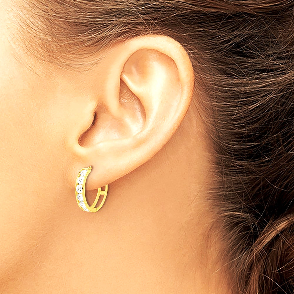 14K Yellow Gold Polished CZ 4x16mm Huggie Hoop Earrings - Product Photo