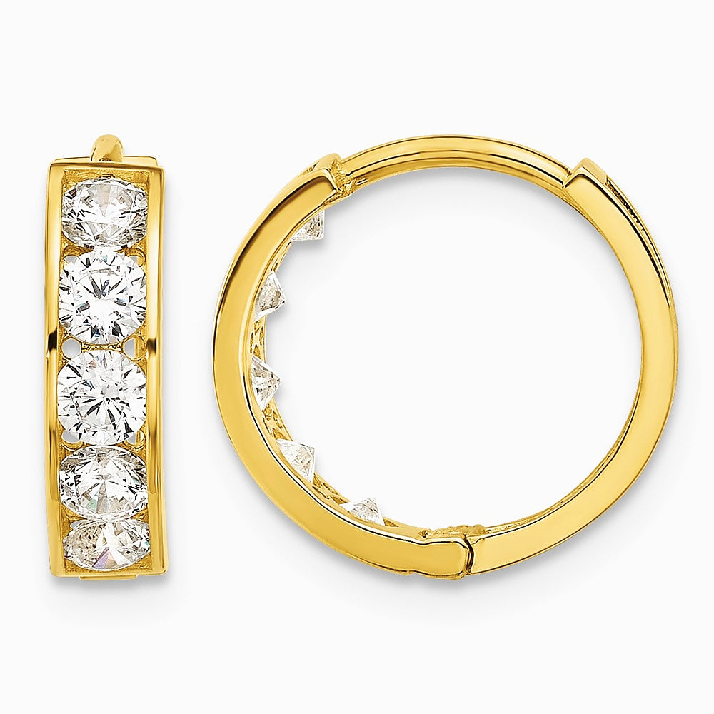14K Yellow Gold Polished CZ 4x14mm Huggie Hoop Earrings - Product Photo
