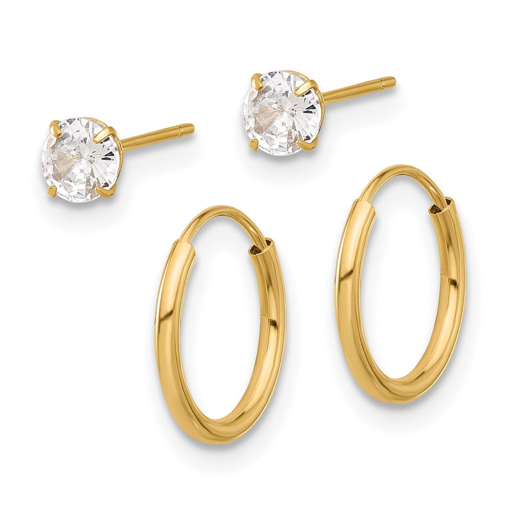 14K Yellow Gold Polished CZ Studs and Small Endless Hoop Earring Set - Product Photo