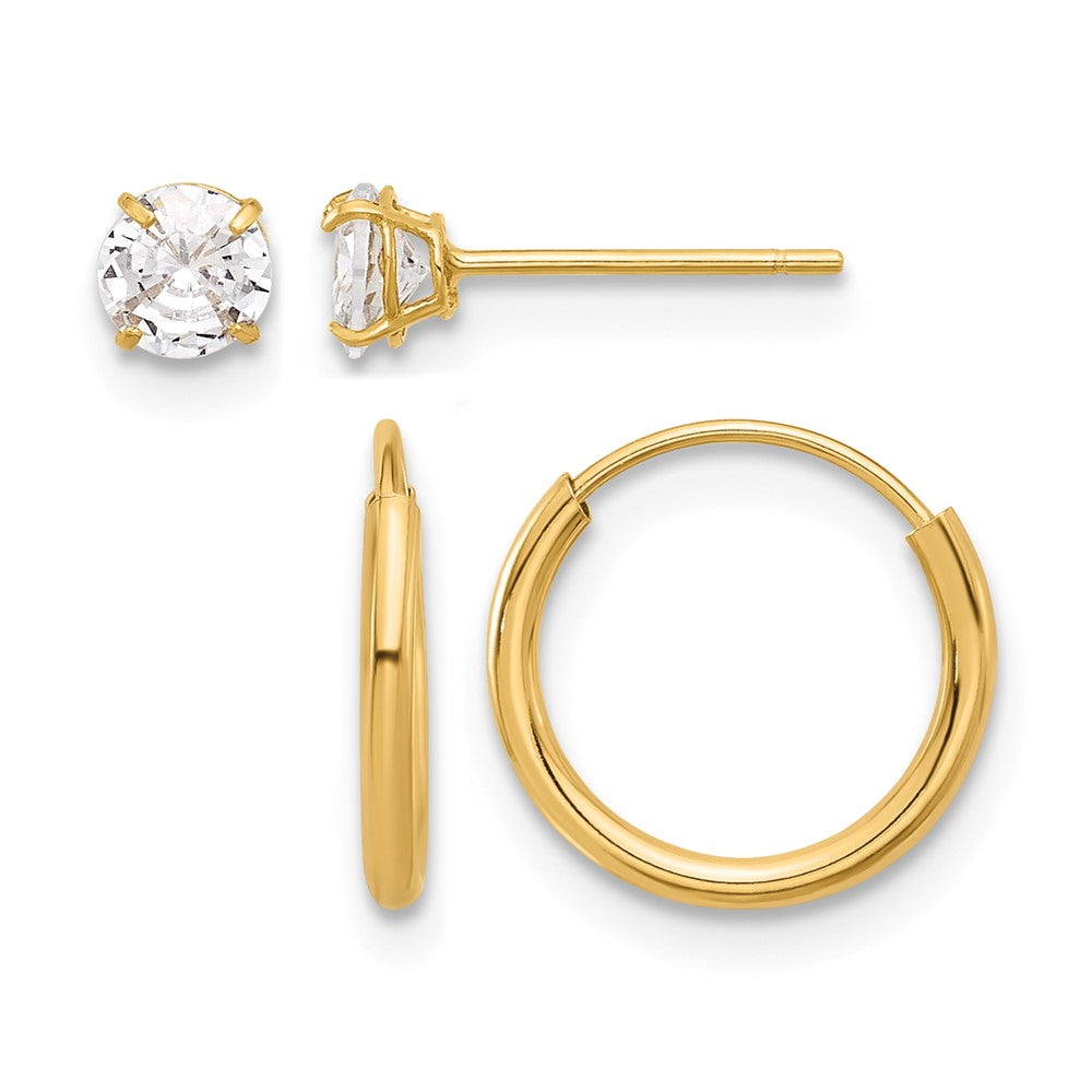 14K Yellow Gold Polished CZ Studs and Small Endless Hoop Earring Set - Product Photo
