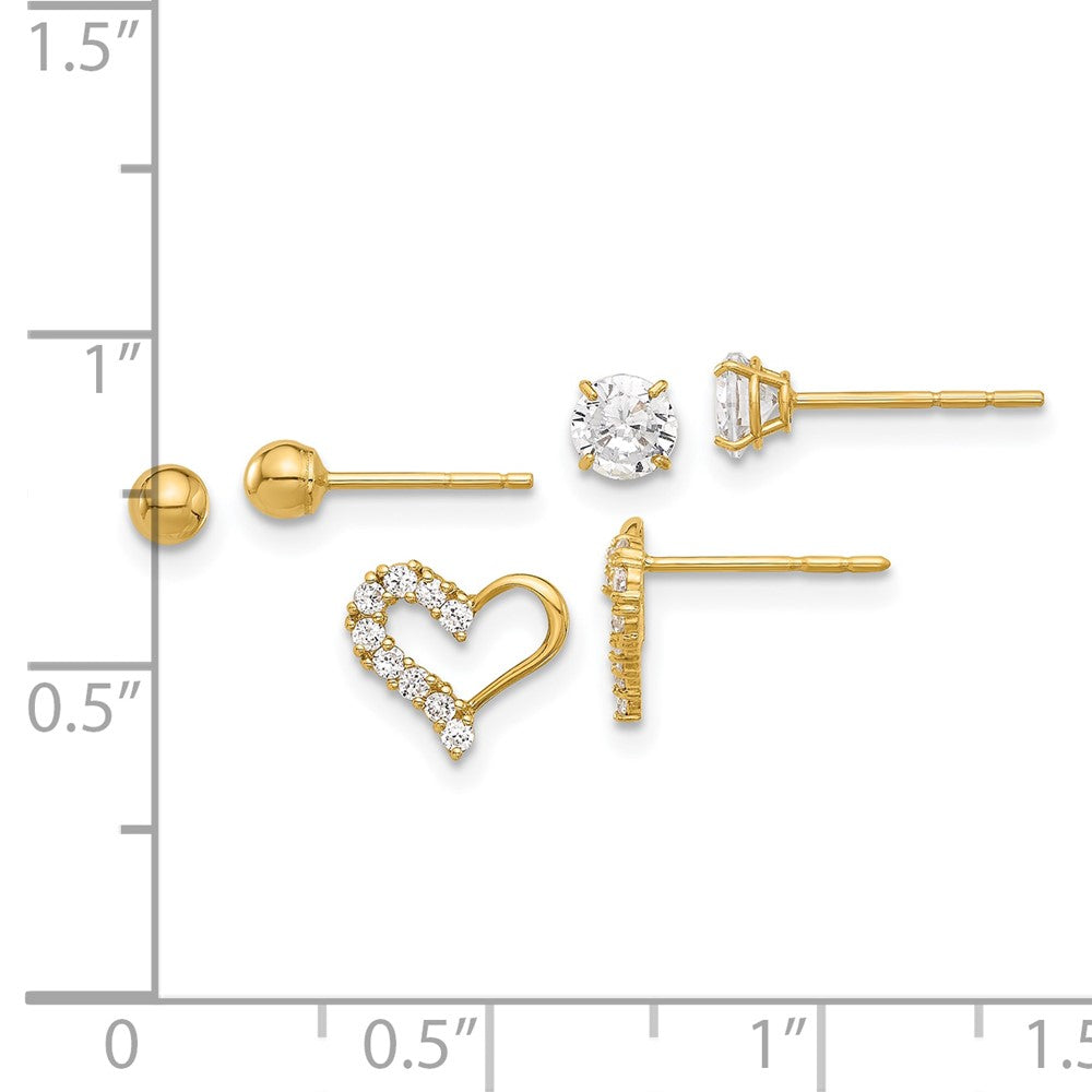14K Polished CZ Ball and Heart Post Earring Set - Product Photo