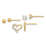 14K Polished CZ Ball and Heart Post Earring Set - Product Photo