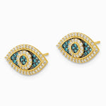 14K Yellow Gold Black Rhodium-plated Pol. Blue/White CZ Evil Eye Post Earrings - Product Photo