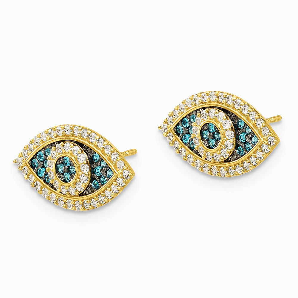 14K Yellow Gold Black Rhodium-plated Pol. Blue/White CZ Evil Eye Post Earrings - Product Photo