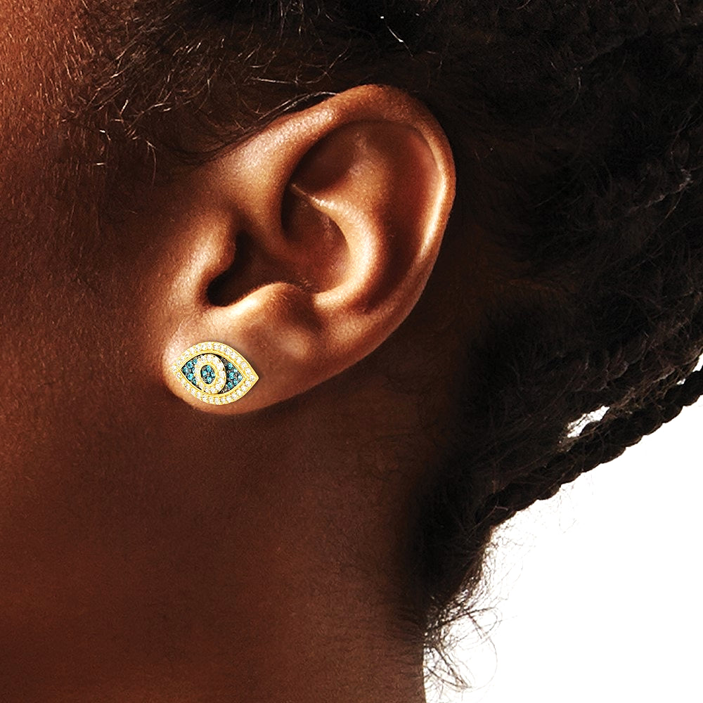 14K Yellow Gold Black Rhodium-plated Pol. Blue/White CZ Evil Eye Post Earrings - Product Photo