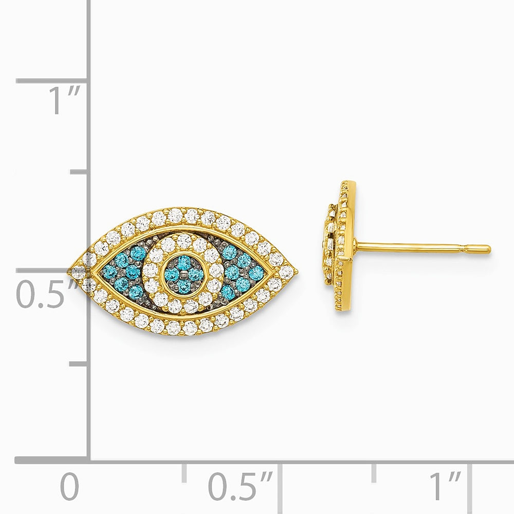 14K Yellow Gold Black Rhodium-plated Pol. Blue/White CZ Evil Eye Post Earrings - Product Photo