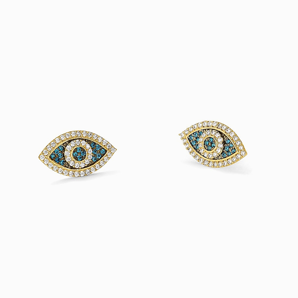 14K Yellow Gold Black Rhodium-plated Pol. Blue/White CZ Evil Eye Post Earrings - Product Photo