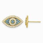 14K Yellow Gold Black Rhodium-plated Pol. Blue/White CZ Evil Eye Post Earrings - Product Photo