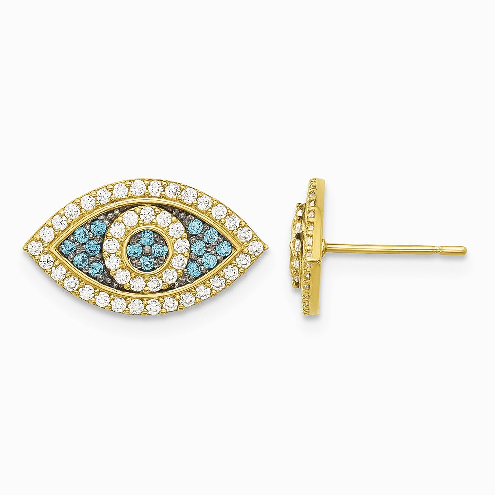 14K Yellow Gold Black Rhodium-plated Pol. Blue/White CZ Evil Eye Post Earrings - Product Photo