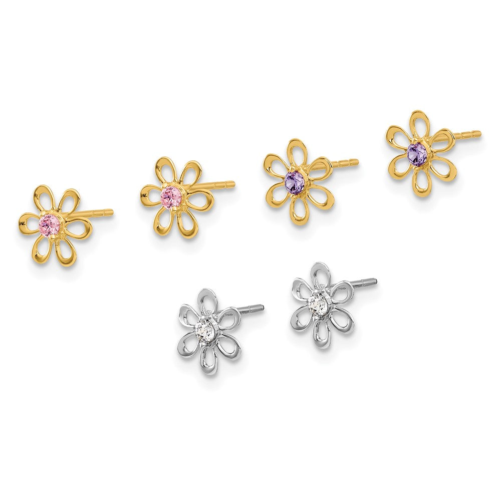 14K Yellow and White Gold Multi-color CZ Flower Post Earring Set - Product Photo