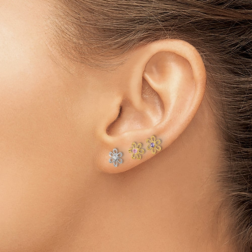 14K Yellow and White Gold Multi-color CZ Flower Post Earring Set - Product Photo
