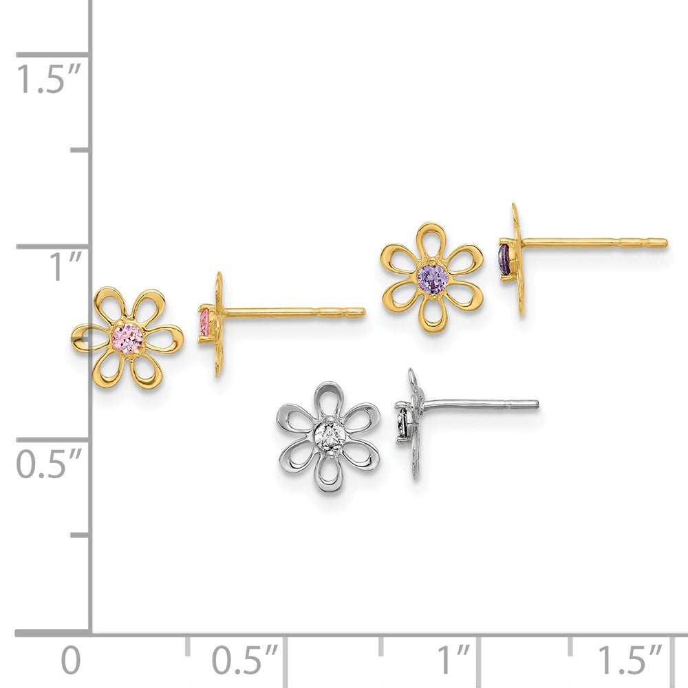 14K Yellow and White Gold Multi-color CZ Flower Post Earring Set - Product Photo