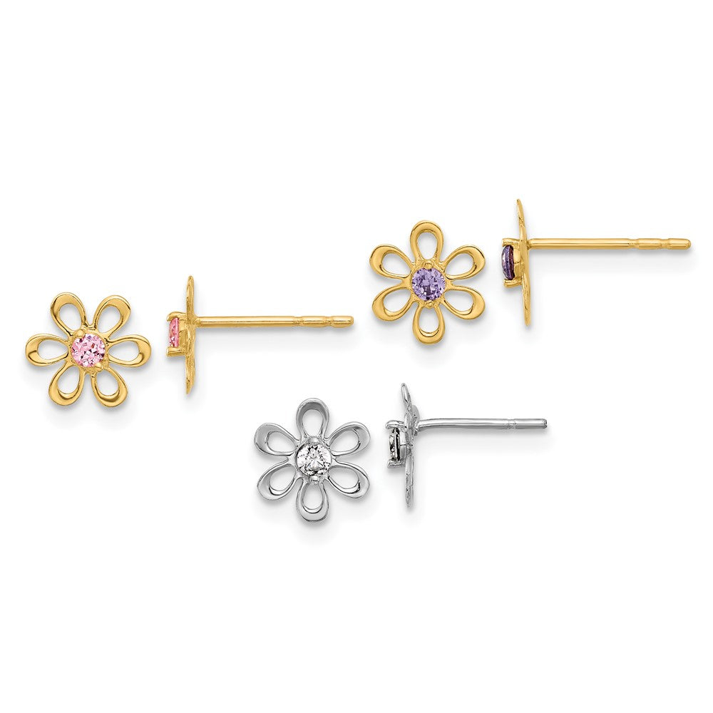 14K Two-tone Yellow and White Gold Multi-color CZ Flower Post Earring Set
