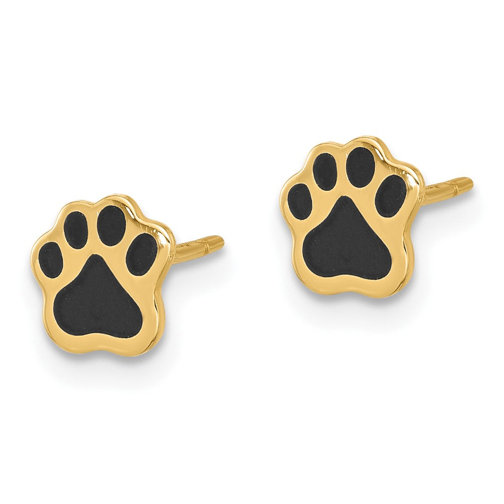 14K Polished Paw with Black Enamel Post Earrings - Product Photo