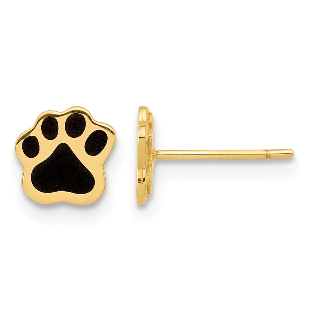 14K Yellow Gold Polished Paw with Black Enamel Post Earrings