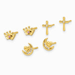 14K Yellow Gold Polished CZ Moon Cross and Crown Post Earring Set - Product Photo