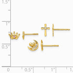 14K Yellow Gold Polished CZ Moon Cross and Crown Post Earring Set - Product Photo