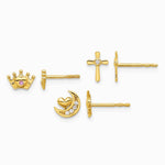 14K Yellow Gold Polished CZ Moon Cross and Crown Post Earring Set - Product Photo