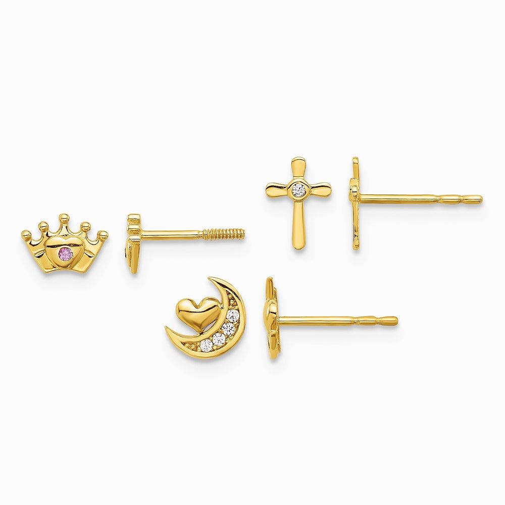 14K Yellow Gold Polished CZ Moon Cross and Crown Post Earring Set - Product Photo