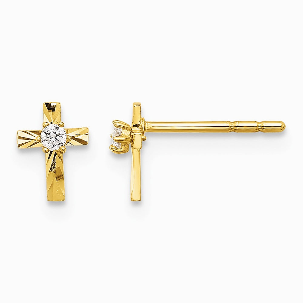 14K Yellow Gold Polished and Diamond-Cut CZ Cross Post Earrings