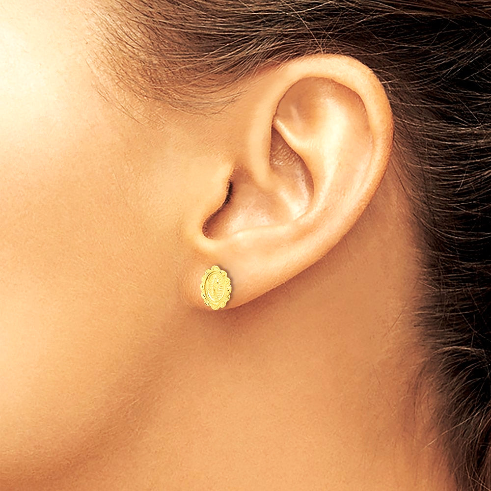 14K Yellow Gold Diamond Cut Miraculous Medal Post Earrings - Product Photo