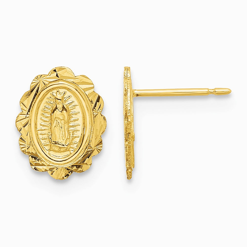 14K Yellow Gold Diamond Cut Miraculous Medal Post Earrings - Product Photo