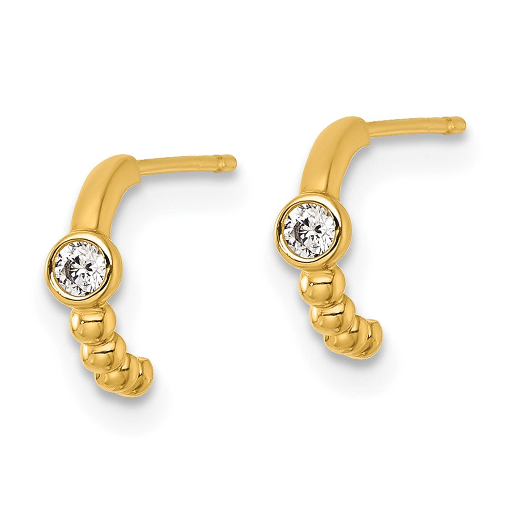 14k Polished and Beaded CZ Post C-Hoop Earrings - Product Photo