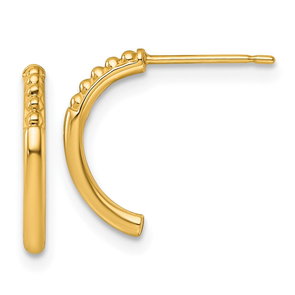 14K Yellow Gold Polished and Beaded Post J-Hoop Earrings