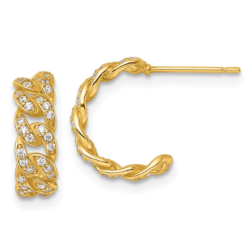 14K Yellow Gold Polished CZ Curb Link Post C-Hoop Earrings